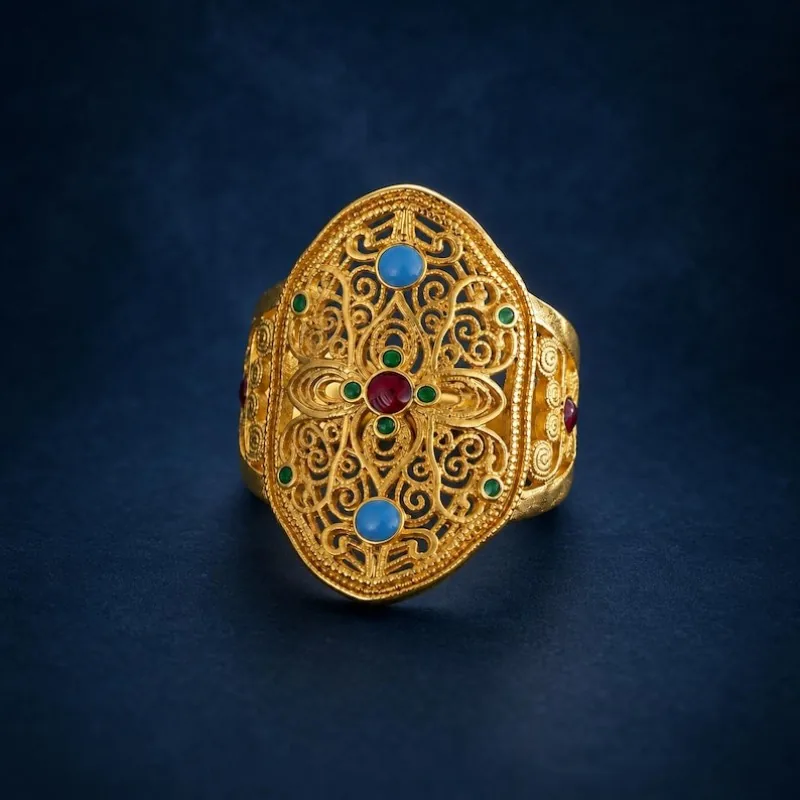 KyLin Aura brass mandala statement ring with colorful accents