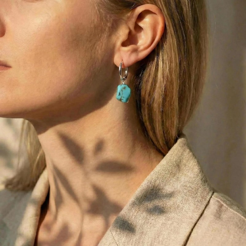 Tibetan natural turquoise nugget hoop earrings inspired by Goddess Tara