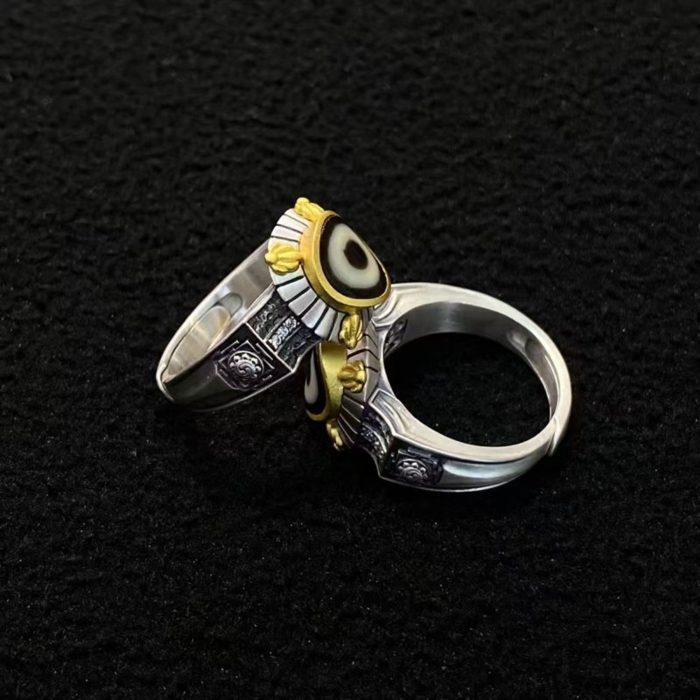 Tibetan mandala dzi bead silver ring with gold-toned accents