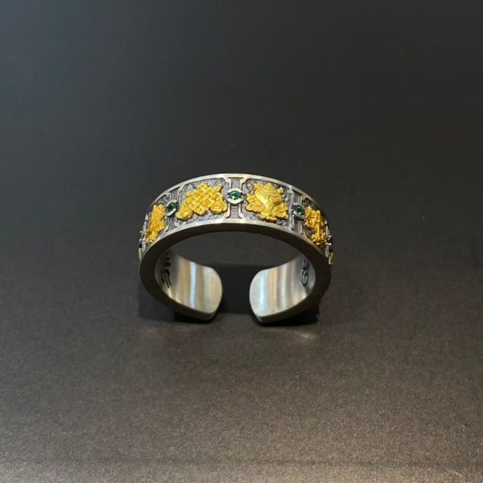 Tibetan sterling silver Ashtamangala mantra adjustable ring with gold-plated finish