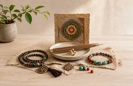 Natural incense mala beads and thangka charm for stress relief