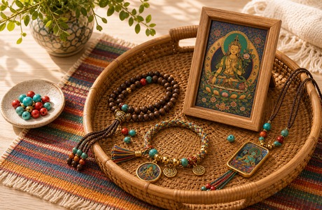 Natural incense mala beads and thangka charm for stress relief