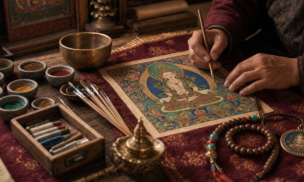 Daily ritual usage with thangka jewelry mala beads and incense bundle