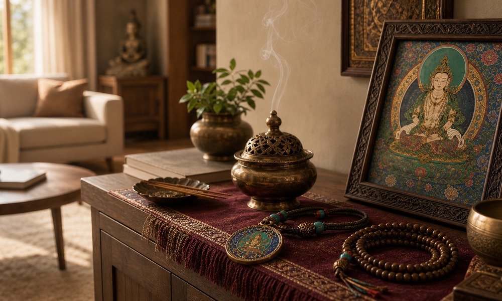 Himalayan-inspired sacred art jewelry and ritual objects in a bright home scene