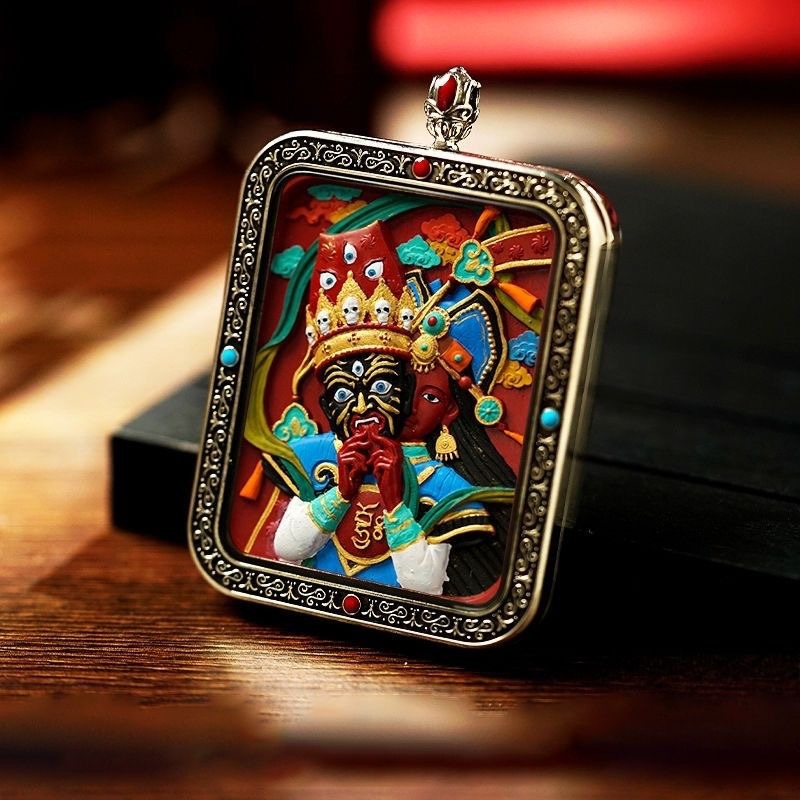KyLin Aura Hand-Painted Thangka Cinnabar White Copper Pendant Necklace (Ga Wu Box)